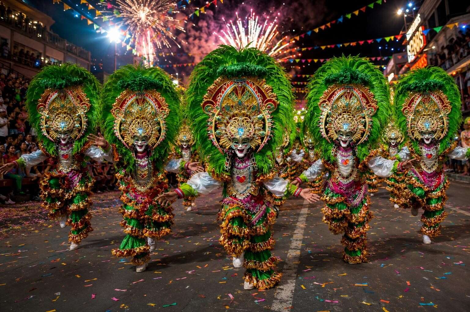 MassKara Festival Bacolod City dancers in elaborate green feathered headdresses and ornate smiling masks performing with fireworks overhead