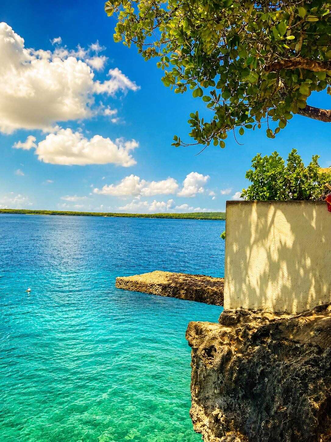 Tropical Philippine coast with turquoise water rocky outcrop and tree branch framing the view
