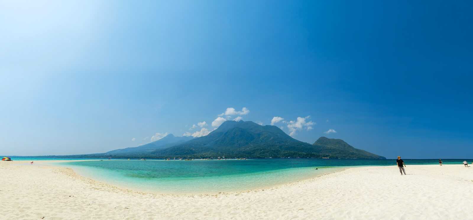 Aerial panorama of White Island Camiguin sandbar with Mount Hibok-Hibok volcano in background, Philippines