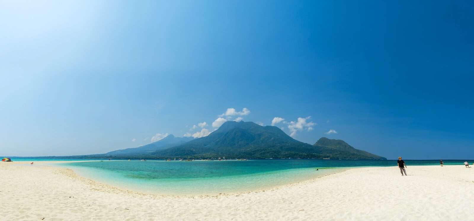 Aerial panorama of White Island Camiguin sandbar with Mount Hibok-Hibok volcano in background, Philippines