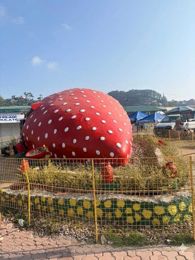 Giant red strawberry monument with white polka dots at La Trinidad Strawberry Farm near Baguio